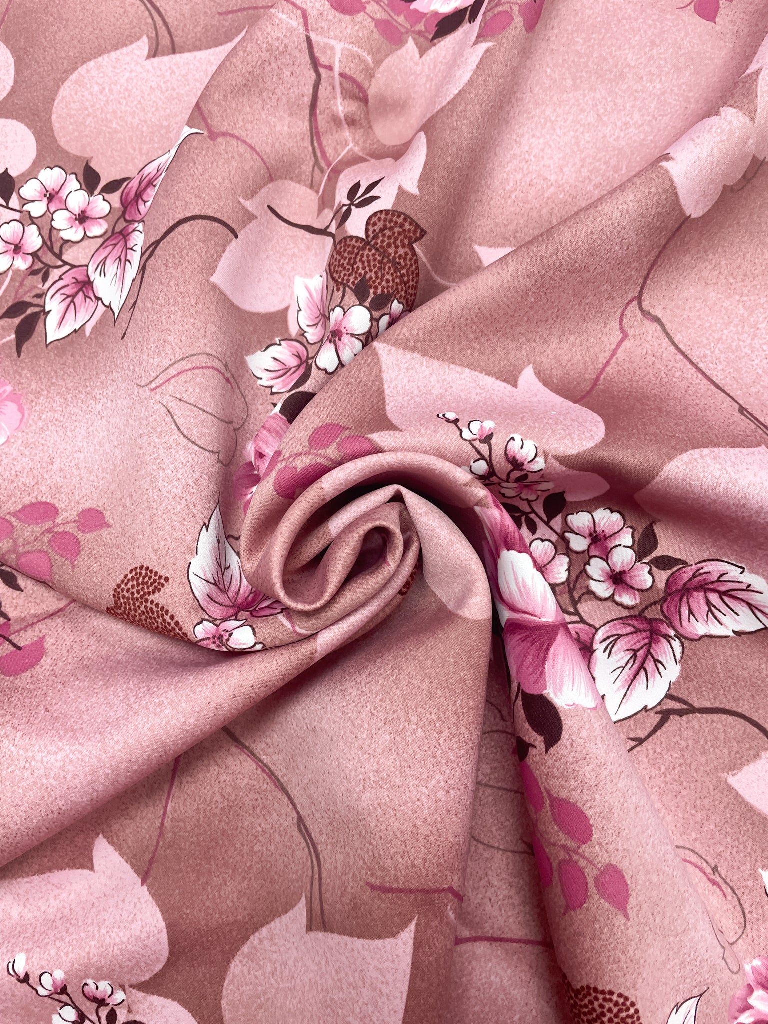 1 3/4 YD Polyester Matte Satin - Mottled Dusty Pink with Flowers and Leaves
