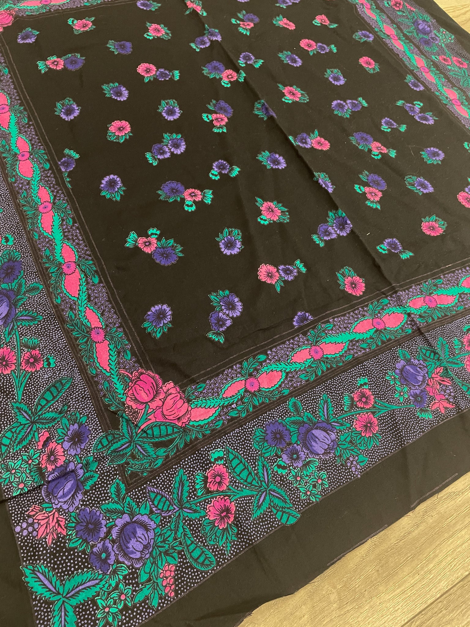 7/8 YD Rayon Scarf Panel Vintage - Purple and Hot Pink Flowers with Teal Leaves on Black