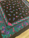 7/8 YD Rayon Scarf Panel Vintage - Purple and Hot Pink Flowers with Teal Leaves on Black