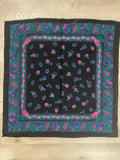 7/8 YD Rayon Scarf Panel Vintage - Purple and Hot Pink Flowers with Teal Leaves on Black