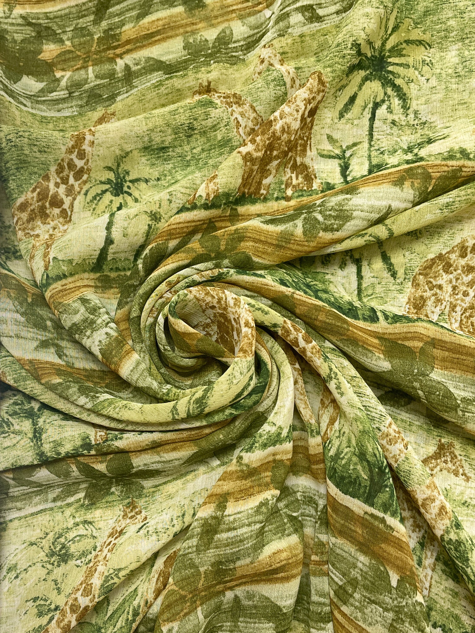 3 YD Polyester Chiffon - Watercolor-Styled Stripes Multi Greens with Giraffes