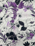 1 1/8 YD Cotton Stretch - Purple and Black Line "Drawn" Flowers on White