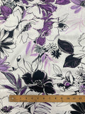 1 1/8 YD Cotton Stretch - Purple and Black Line "Drawn" Flowers on White