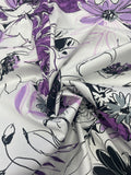 1 1/8 YD Cotton Stretch - Purple and Black Line "Drawn" Flowers on White