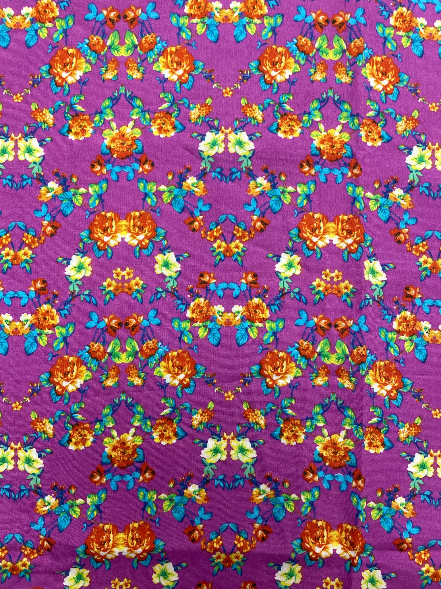 1 1/8 YD Rayon - Blue and Orange Flowers on Orchid Pink