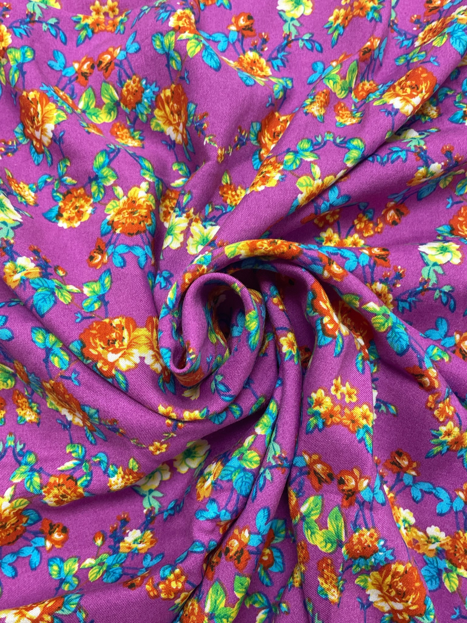 1 1/8 YD Rayon - Blue and Orange Flowers on Orchid Pink