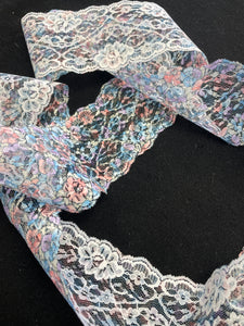 Lace Floral Scalloped Lace Trim Vintage - Off White Printed with Blue, Pink and Purple Flowers
