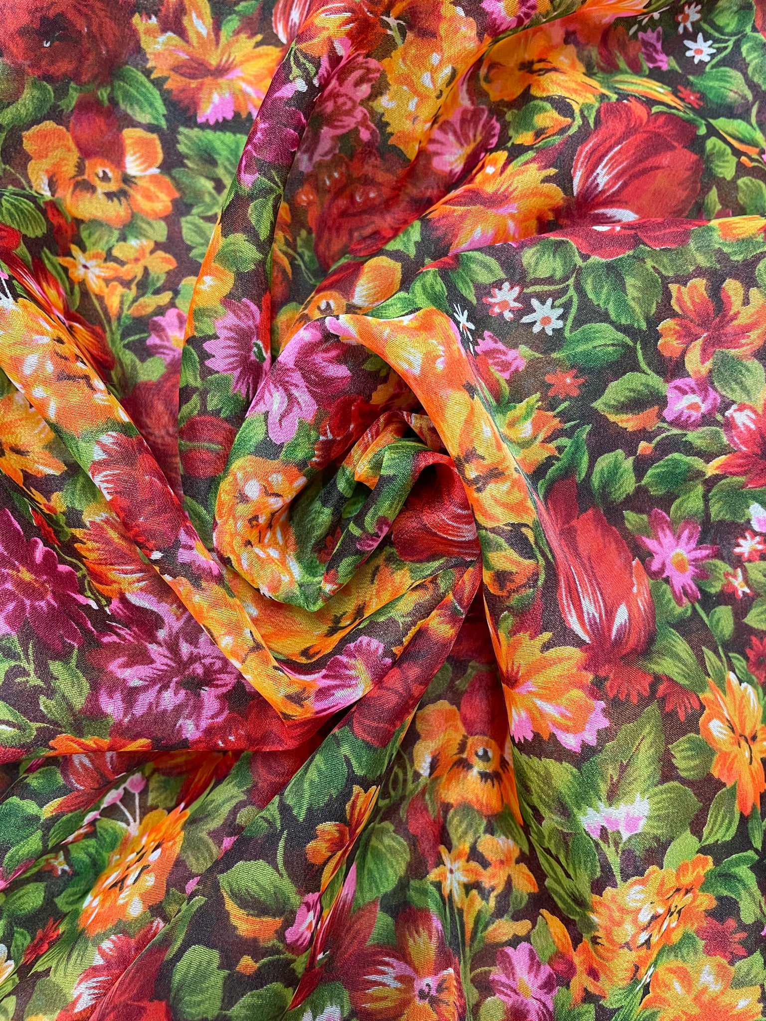 1 YD Polyester Chiffon Vintage - Pink, Red and Orange Flowers
