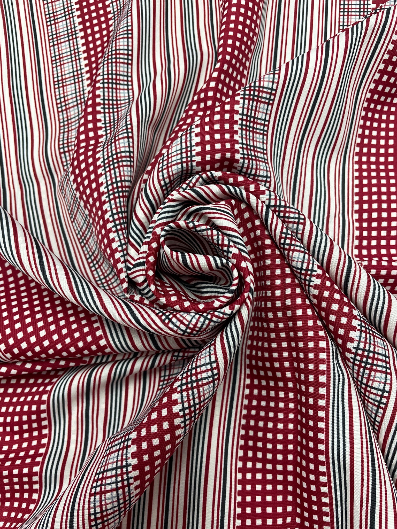 1 1/2 YD Polyester Vintage - Dark Red, Black and White Stripes