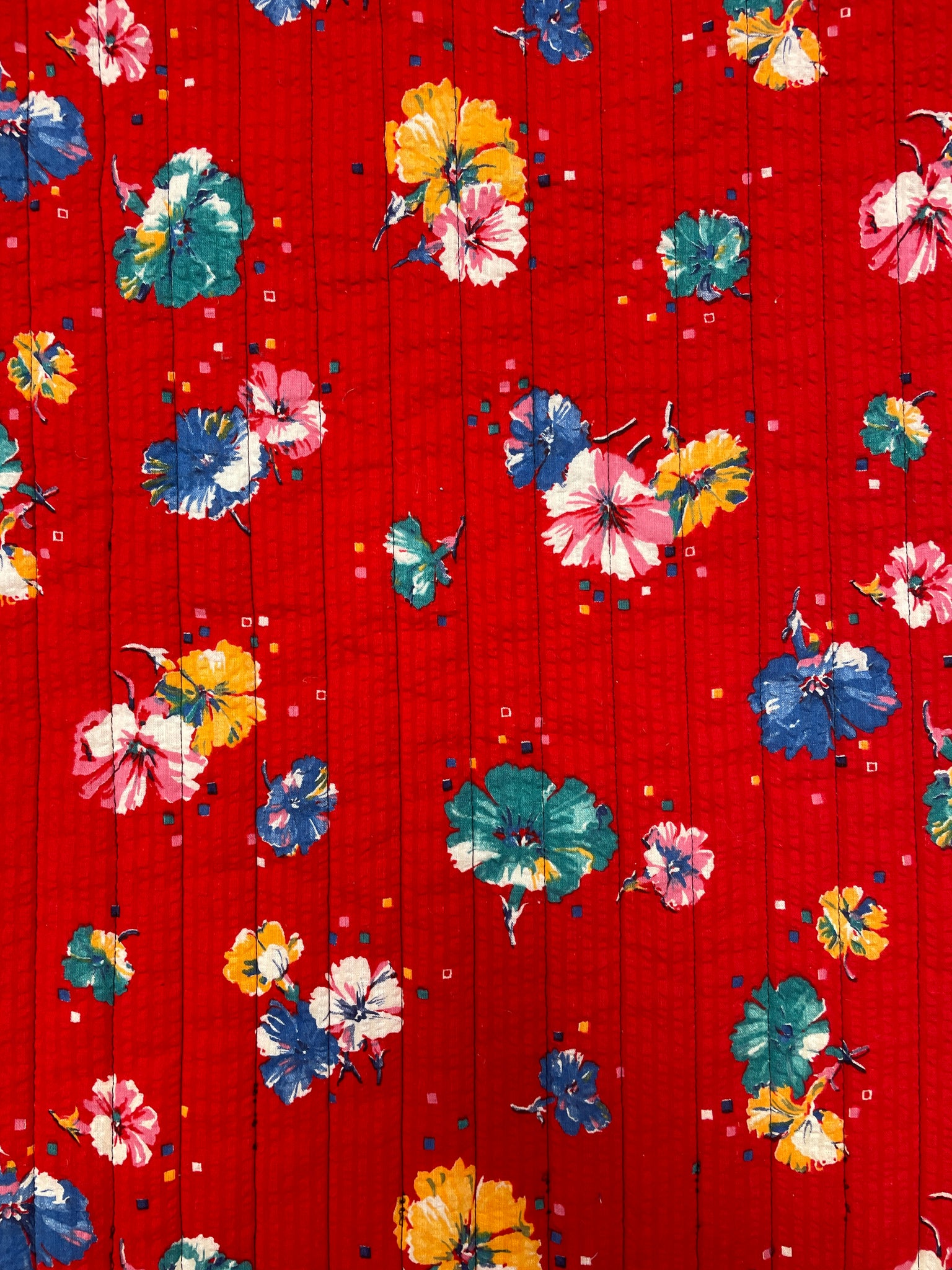 Cotton Seersucker Quilted onto Acetate Vintage - Red with Flowers in Various Colors