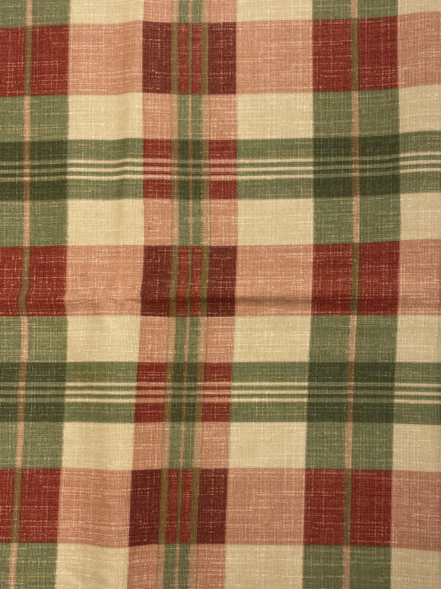 1 1/4 YD Cotton Printed Plaid Remnant - Red, Green and Ecru