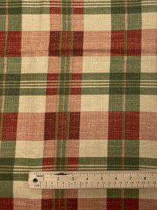 1 1/4 YD Cotton Printed Plaid Remnant - Red, Green and Ecru