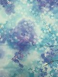 2 1/2 YD Nylon Vintage - Cherry Blossoms In and on Mottled Blues and Aquas