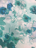 4 1/4 YD Nylon Crinkle Chiffon - Watercolor-Style Flowers in Greens, Blues and Teals on White