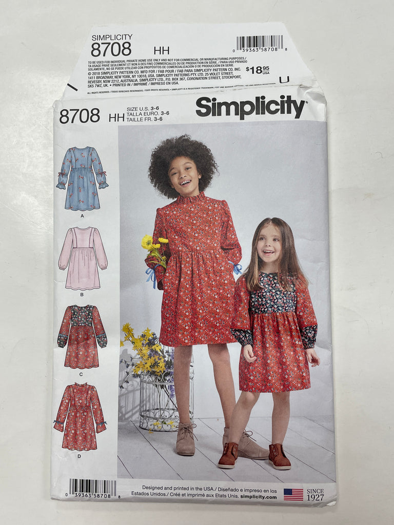 2018 Simplicity 8708 Pattern - Child's Dresses FACTORY FOLDED