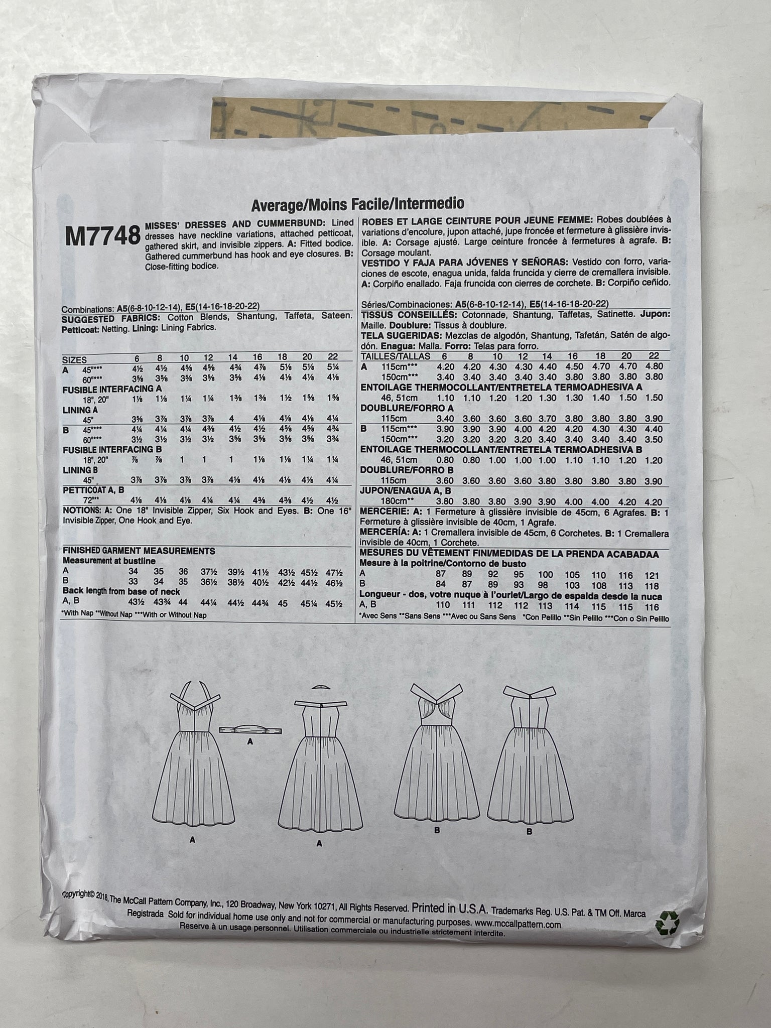 2018 McCall's 7748 Pattern - Retro Dress c. 1957 FACTORY FOLDED