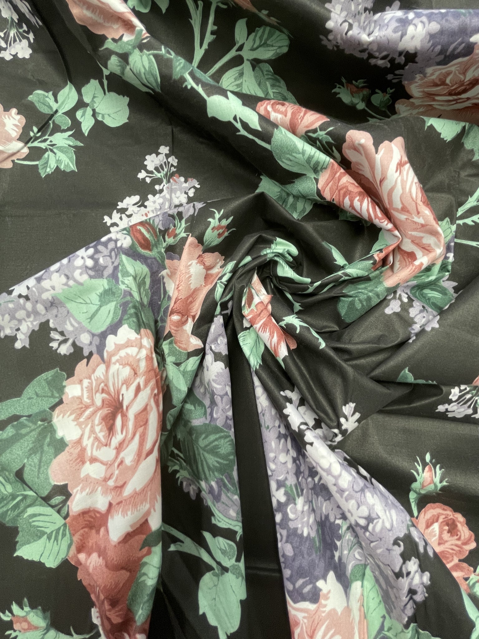 Cotton Poly Vintage - Pink Roses and Purple Lilacs on Black Background