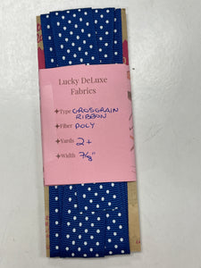 SALE 2+ YD Poly Grosgrain Ribbon - Blue with White Polka Dots