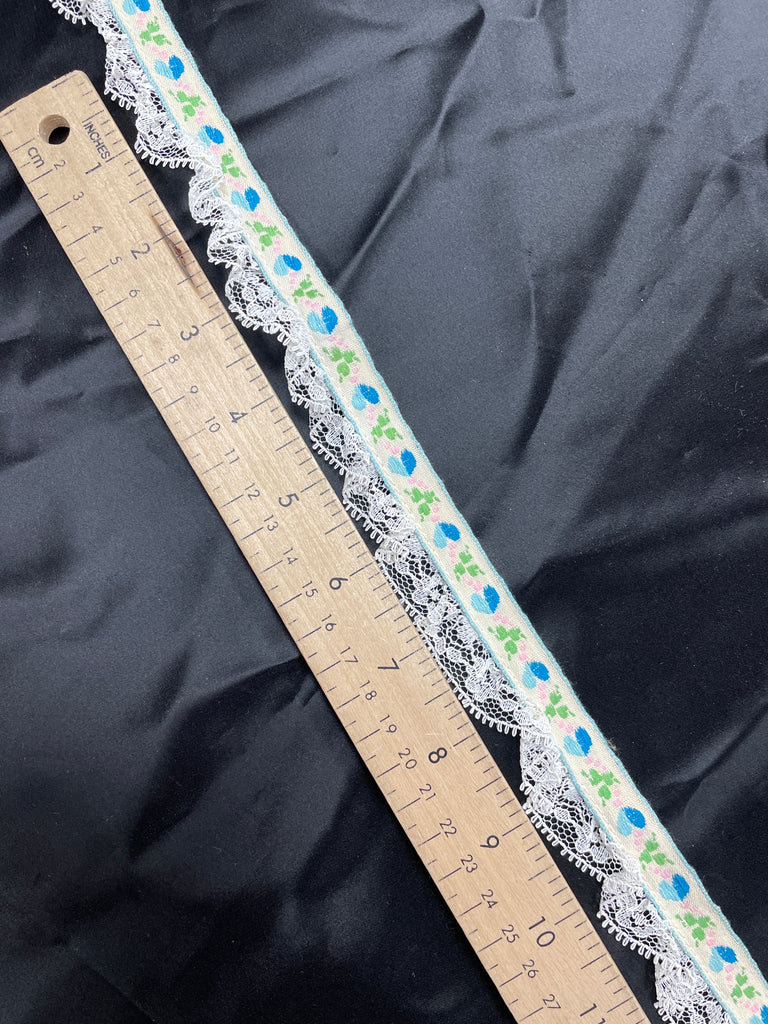2 3/8 YD Cotton Poly Trim Vintage - Off White Ribbon with Blue Hearts and Ruffled Lace