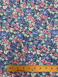 1 1/3 YD Poly Blend Knit Vintage - Blue, Purple, Teal and White Flowers