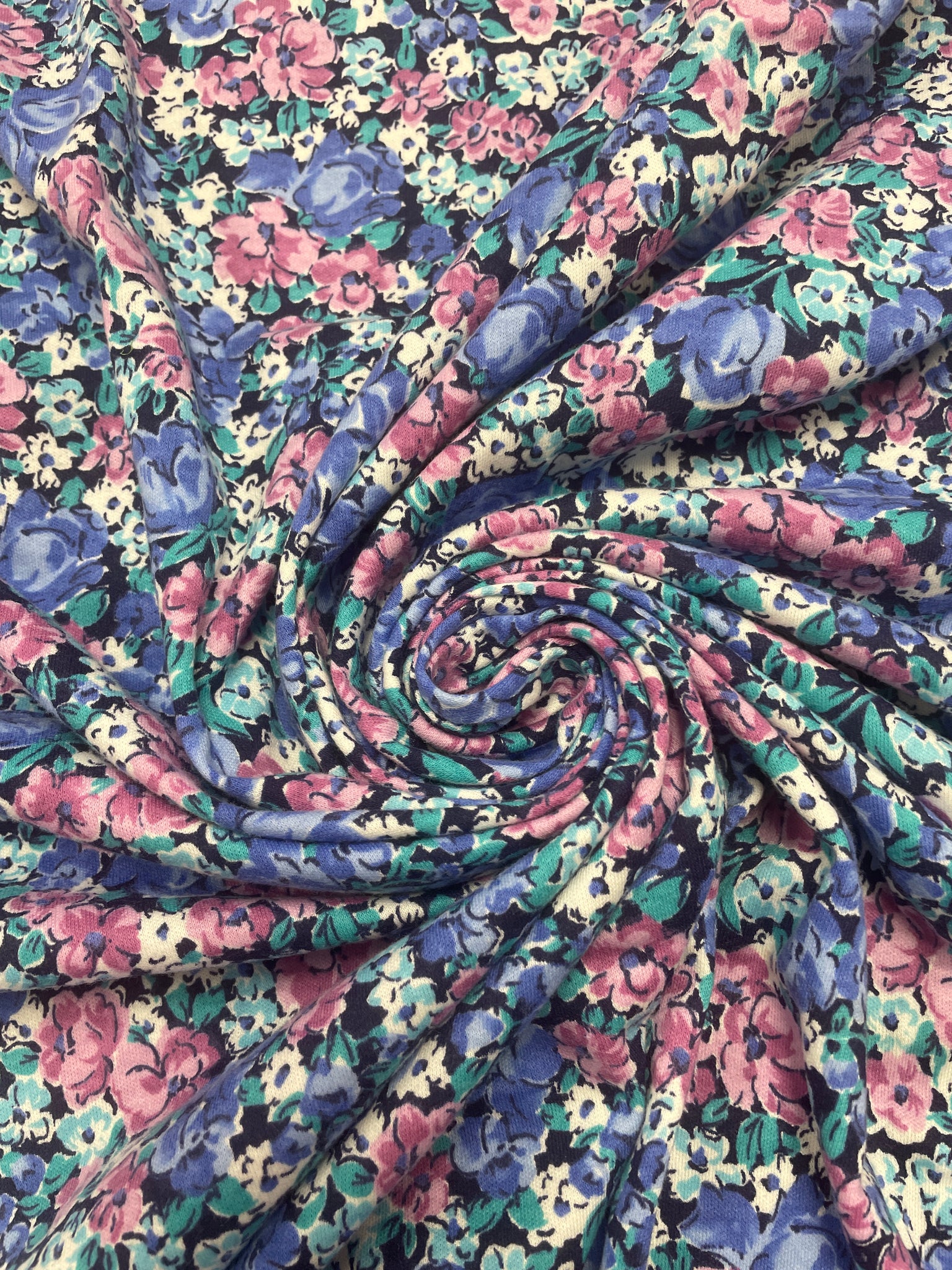 1 1/3 YD Poly Blend Knit Vintage - Blue, Purple, Teal and White Flowers