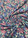 1 1/3 YD Poly Blend Knit Vintage - Blue, Purple, Teal and White Flowers