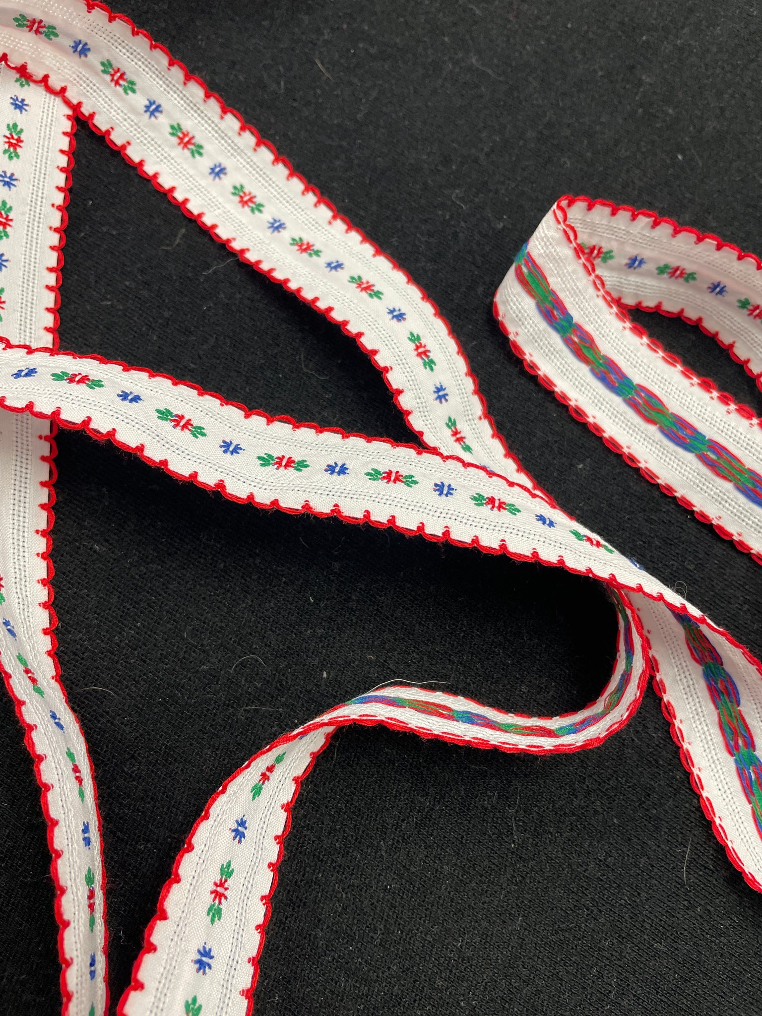 Nylon Woven Ribbon Trim - White with Red Scalloped Edge and Blue and Red Flowers