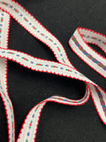 Nylon Woven Ribbon Trim - White with Red Scalloped Edge and Blue and Red Flowers