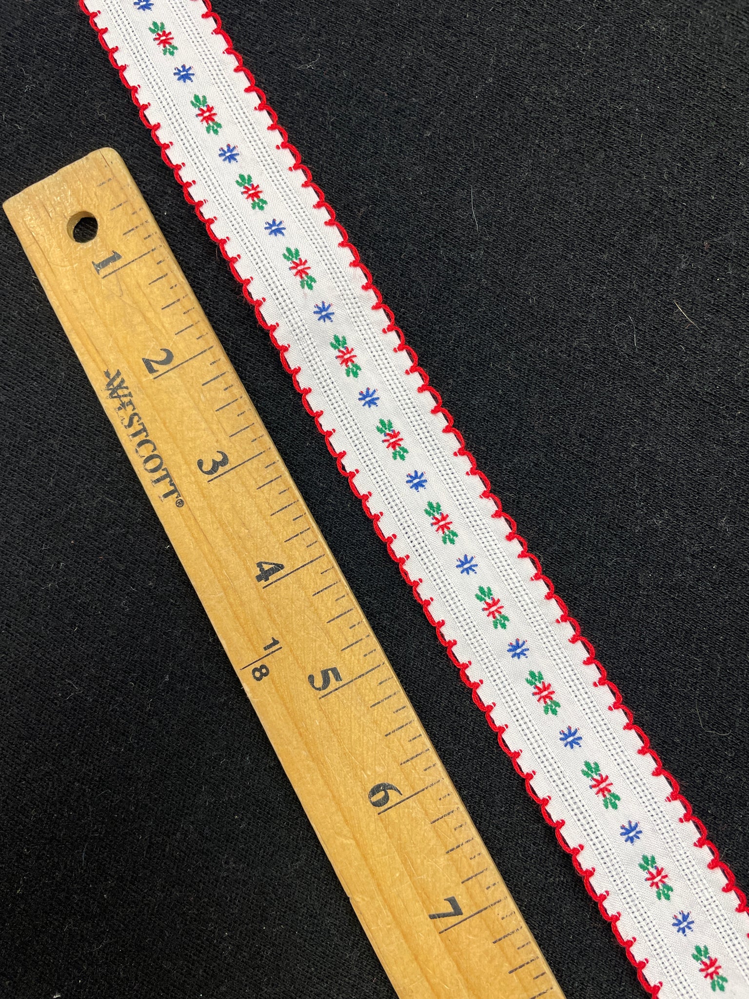 Nylon Woven Ribbon Trim - White with Red Scalloped Edge and Blue and Red Flowers