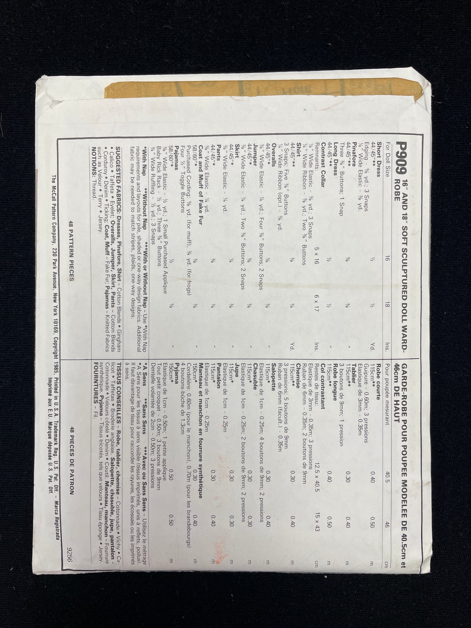 1985 McCall's 909 Sewing Pattern - 16" and 18" Soft Sculptured Doll Clothes