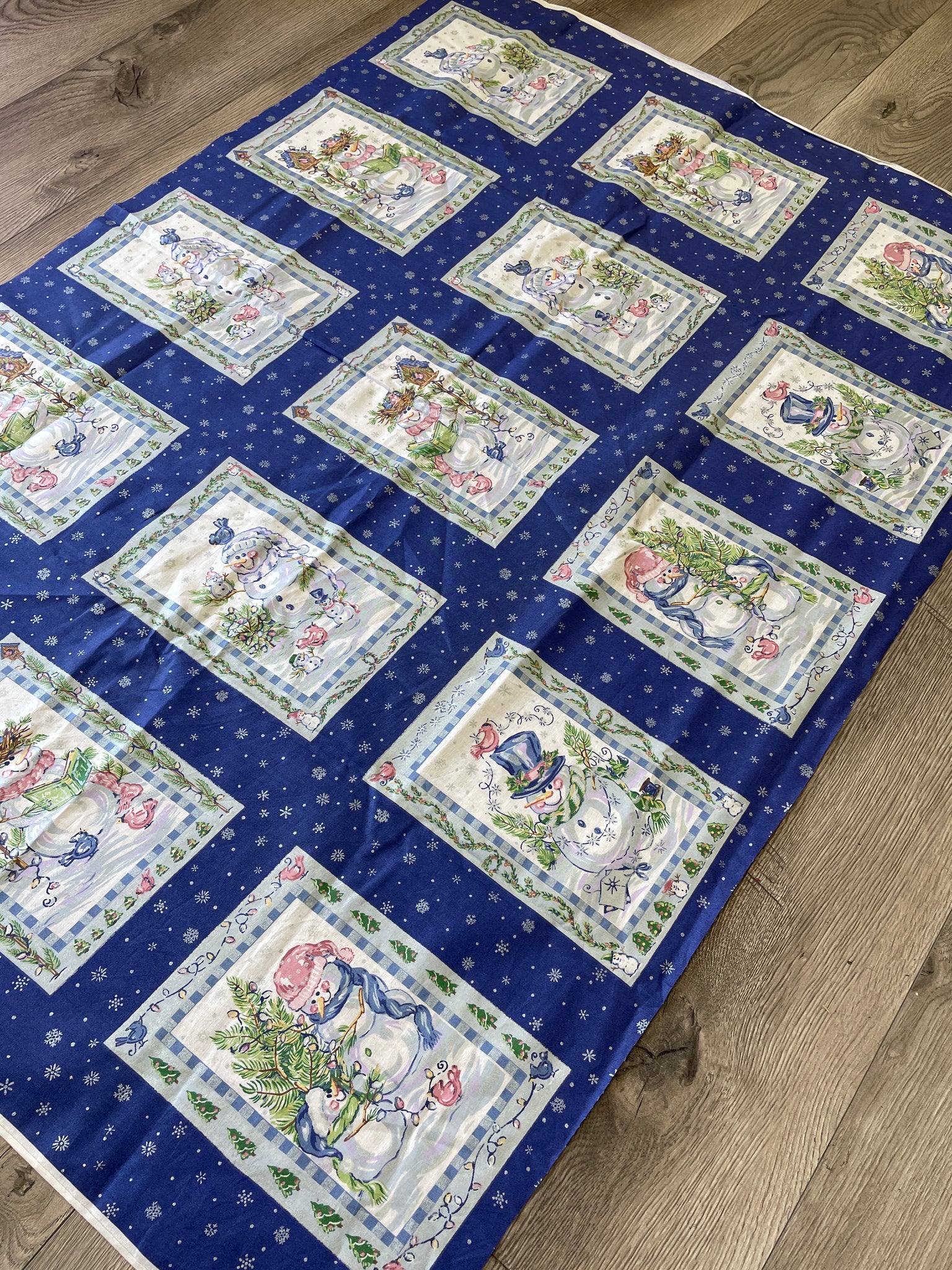 7/8 YD Quilting Cotton Panel - Snowmen in Frames on Blue with Silver Snowflakes