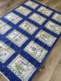 7/8 YD Quilting Cotton Panel - Snowmen in Frames on Blue with Silver Snowflakes