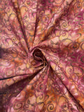 Quilting Cotton - Mottled Pinks and Oranges with Filigree and Leaves with Gold Accents