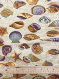 3 1/8 YD Quilting Cotton - Sea Shells and Metallic Gold Wavy Lines on Mottled Beige