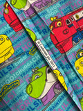 2011 1 YD Quilting Cotton - Cartoon Chuggington Trains on Turquoise