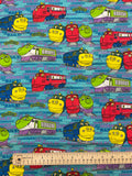 2011 1 YD Quilting Cotton - Cartoon Chuggington Trains on Turquoise
