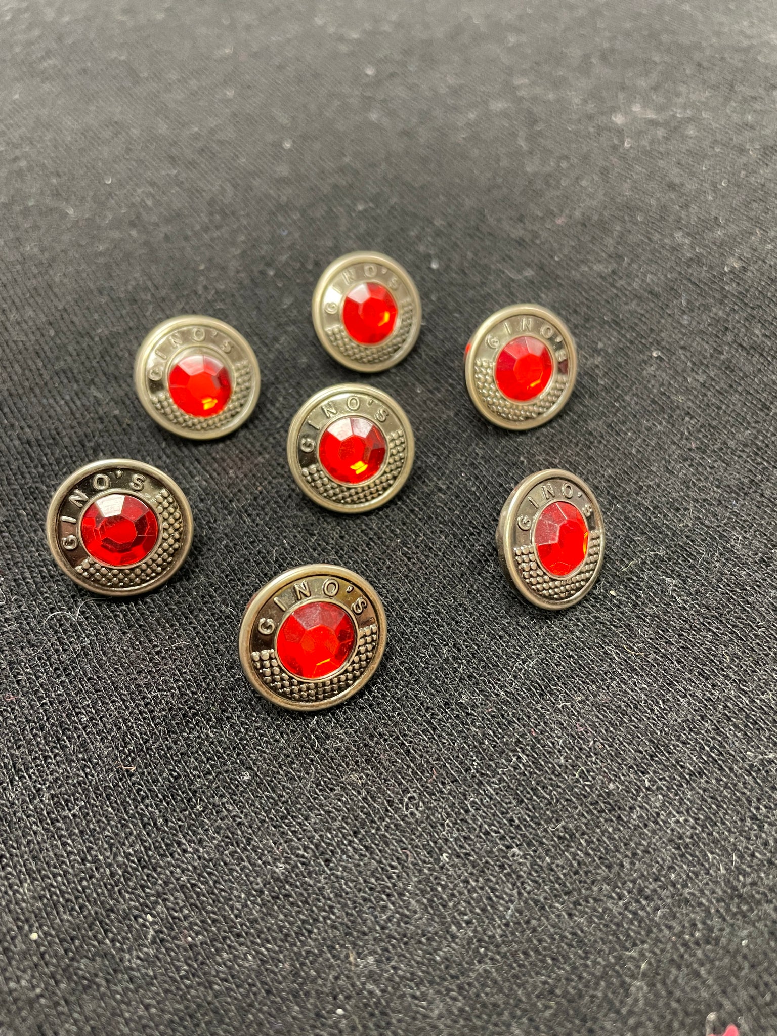 Button Metal Rivet Set of 7 - Pewter-Toned with Faceted Red "Gem" Centers