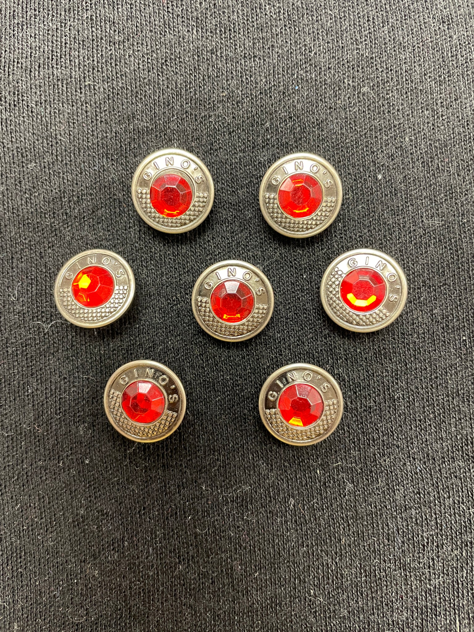 Button Metal Rivet Set of 7 - Pewter-Toned with Faceted Red "Gem" Centers