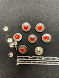 Button Metal Rivet Set of 7 - Pewter-Toned with Faceted Red "Gem" Centers