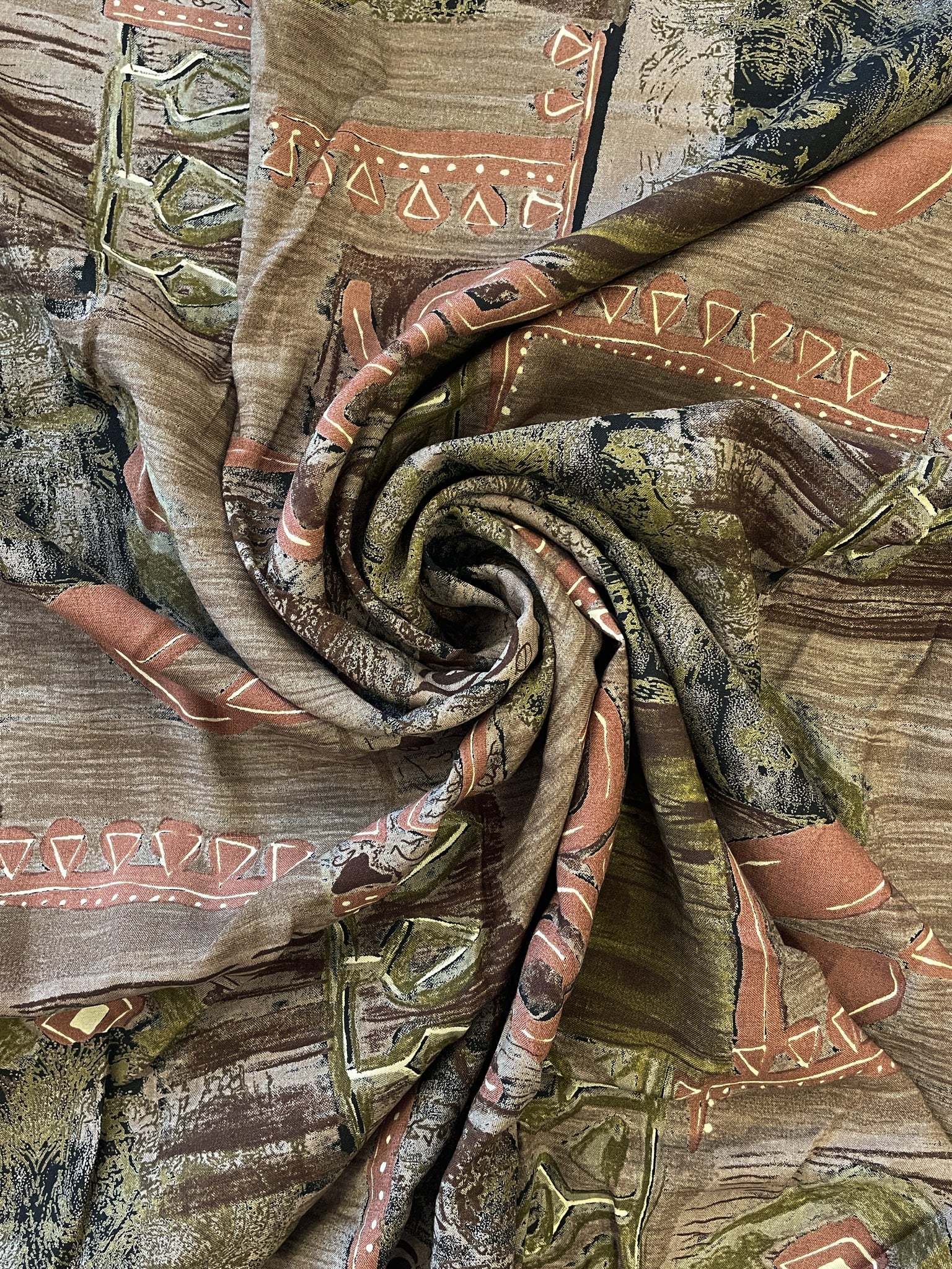 Rayon Vintage - Block Print Style in Tans, Olive Green and Black