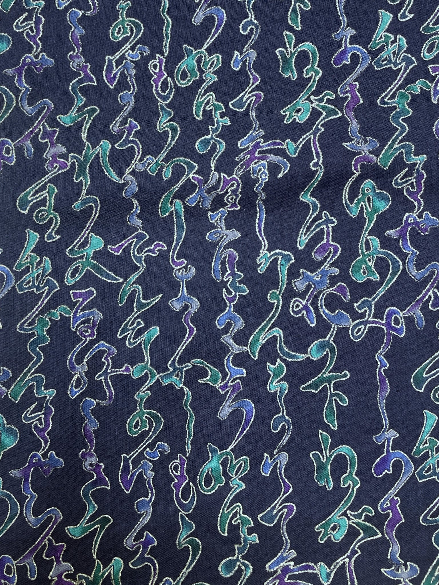 Quilting Cotton Vintage - Navy Blue with Mottled purple, Blue and teal Squiggles Outlined in Metallic Silver