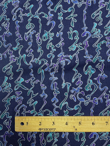 Quilting Cotton Vintage - Navy Blue with Mottled purple, Blue and teal Squiggles Outlined in Metallic Silver