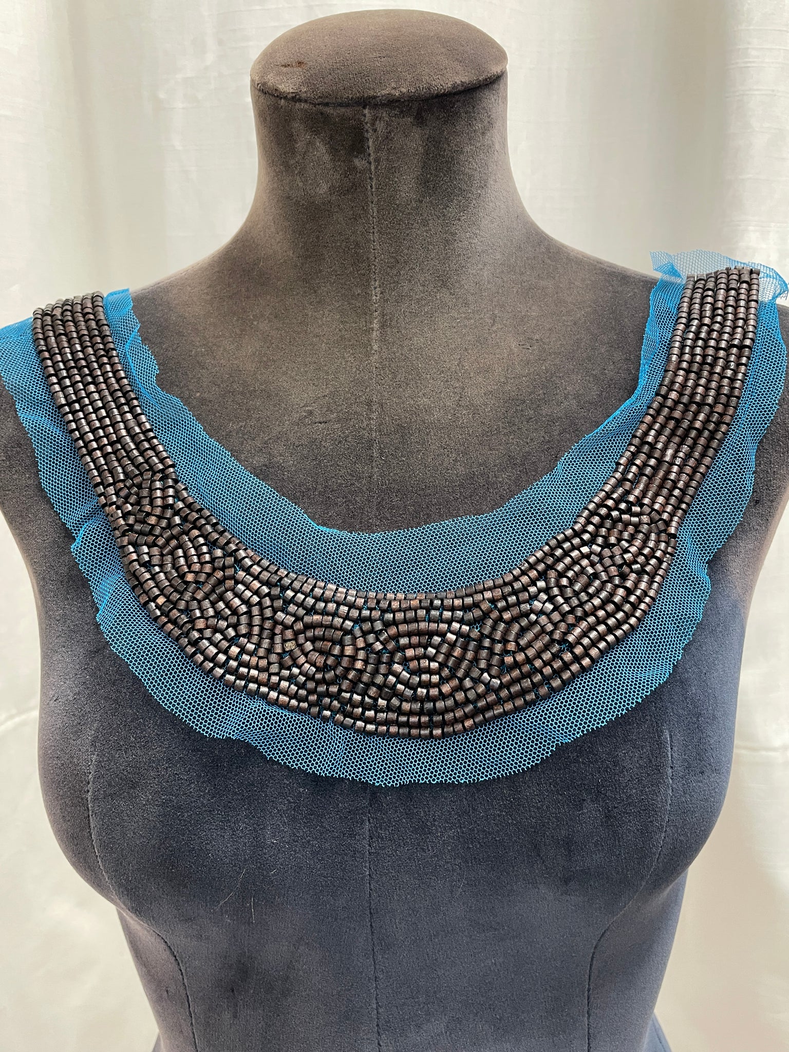 Beaded Collar Vintage - Dark Brown Wooden Beads on Blue Tulle