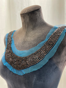 Beaded Collar Vintage - Dark Brown Wooden Beads on Blue Tulle