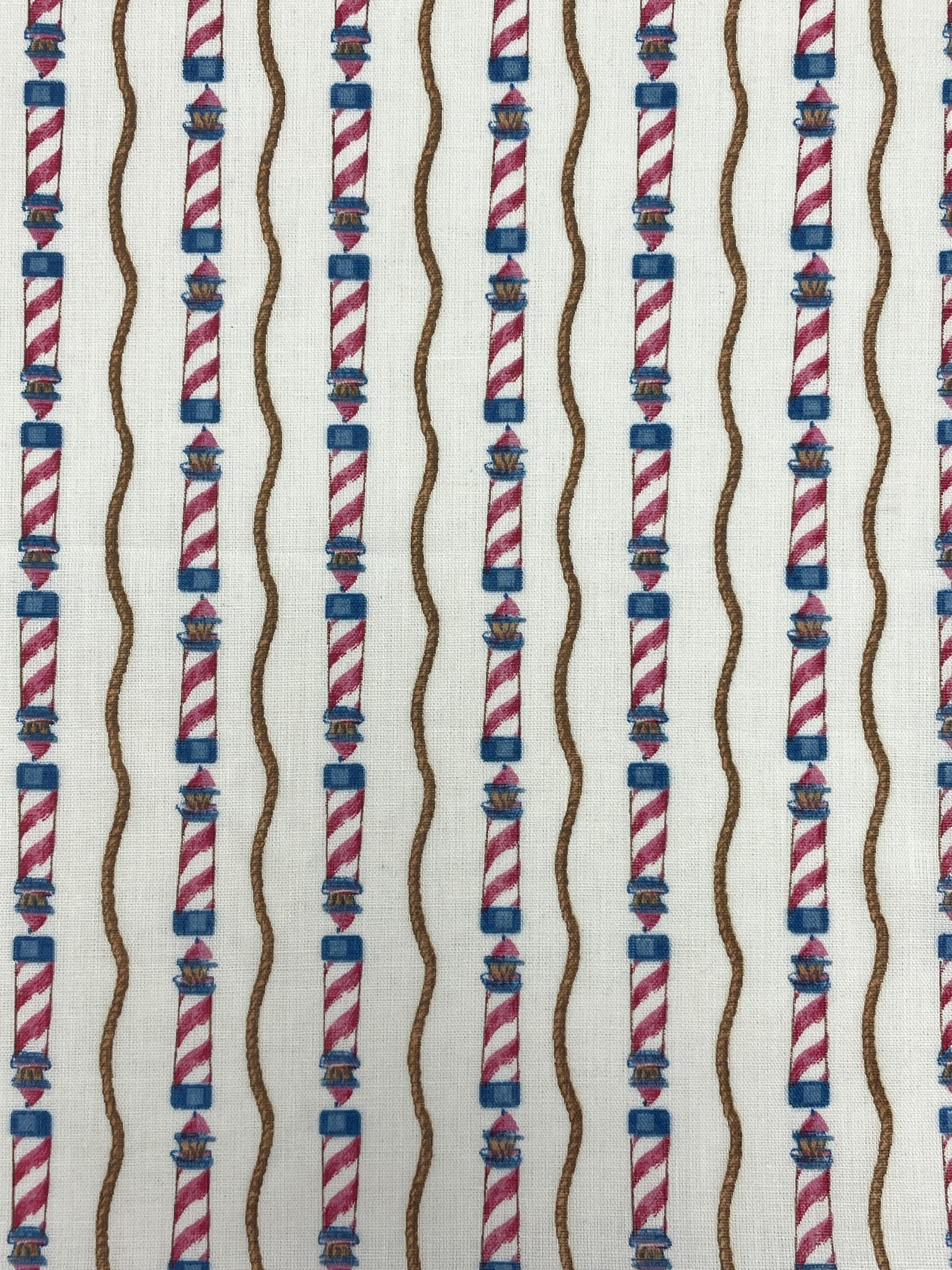 2 1/2 YD Poly/Cotton Voile Vintage - Cream with Stripes of Lighthouses and Rope