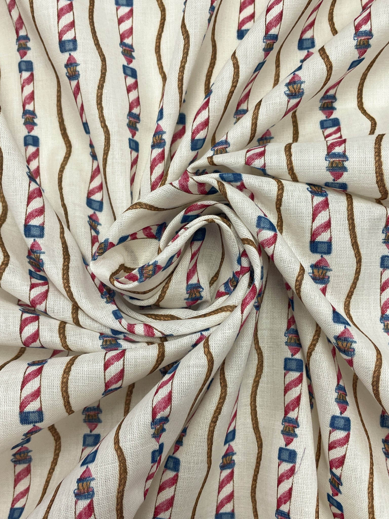 2 1/2 YD Poly/Cotton Voile Vintage - Cream with Stripes of Lighthouses and Rope