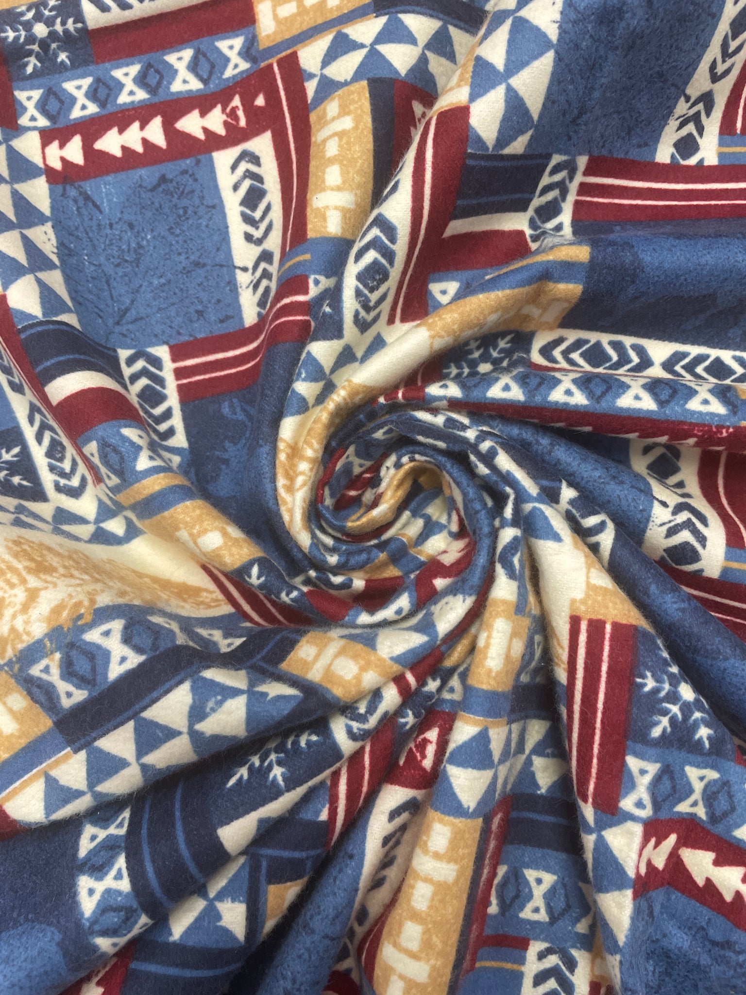 1 1/4 YD Cotton Flannel - Mountain Motifs in Blues, Red, Beige and Maroon