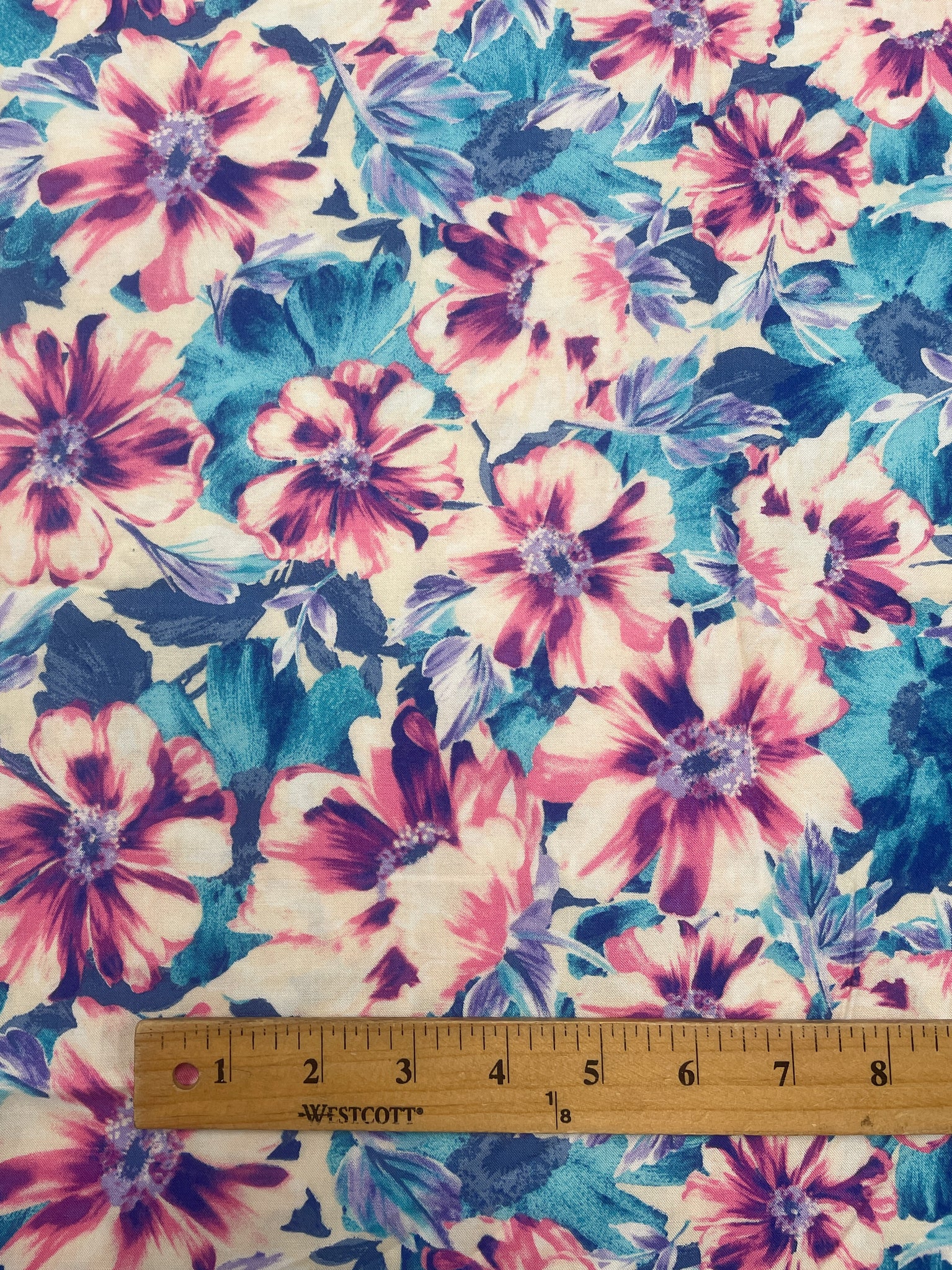 3 3/4 YD Rayon Vintage - Turquoise with Pink and Cream Flowers