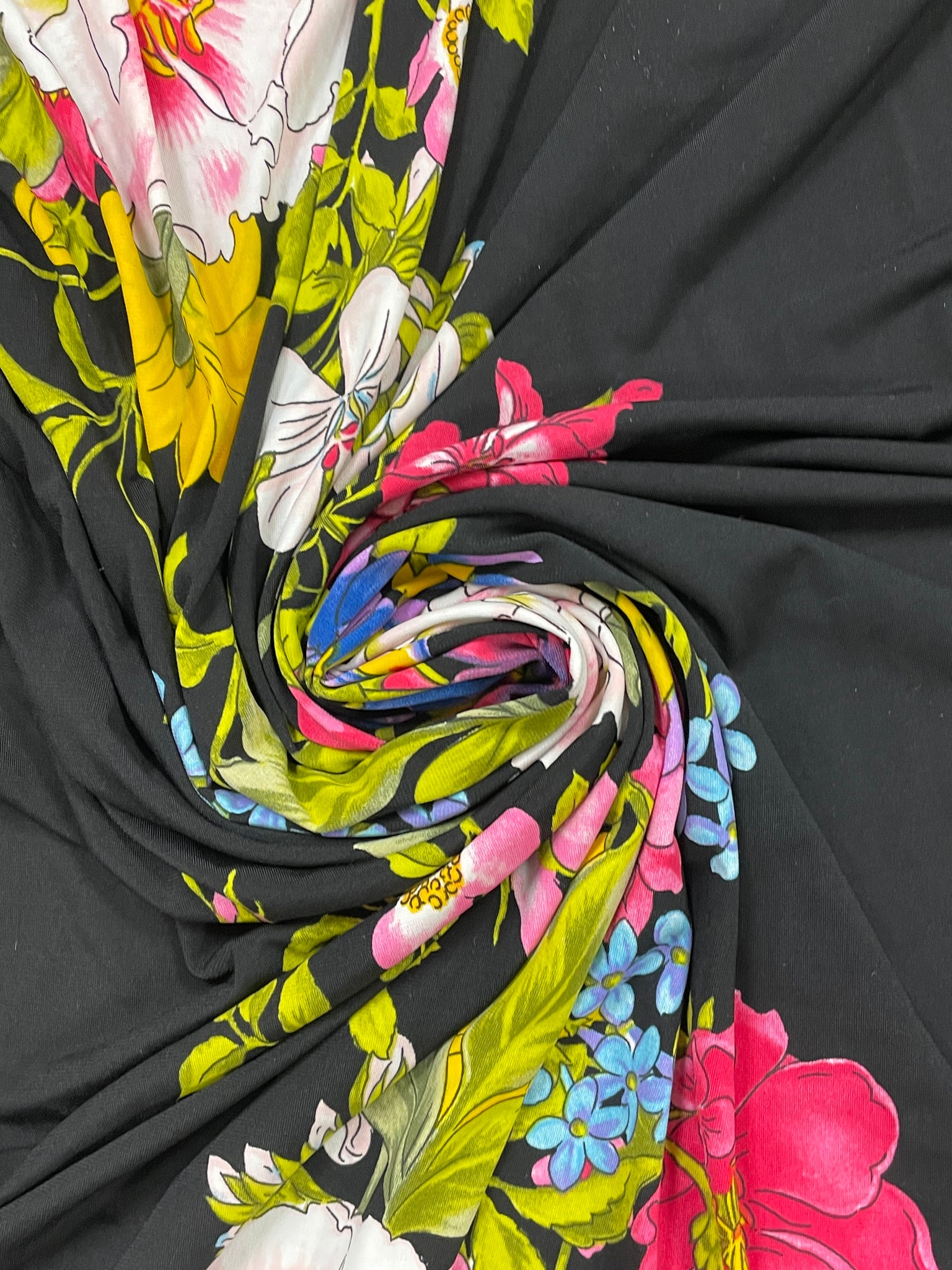 2 YD Nylon Lycra/Spandex - Black with Large Stripe of Flowers Down the Center
