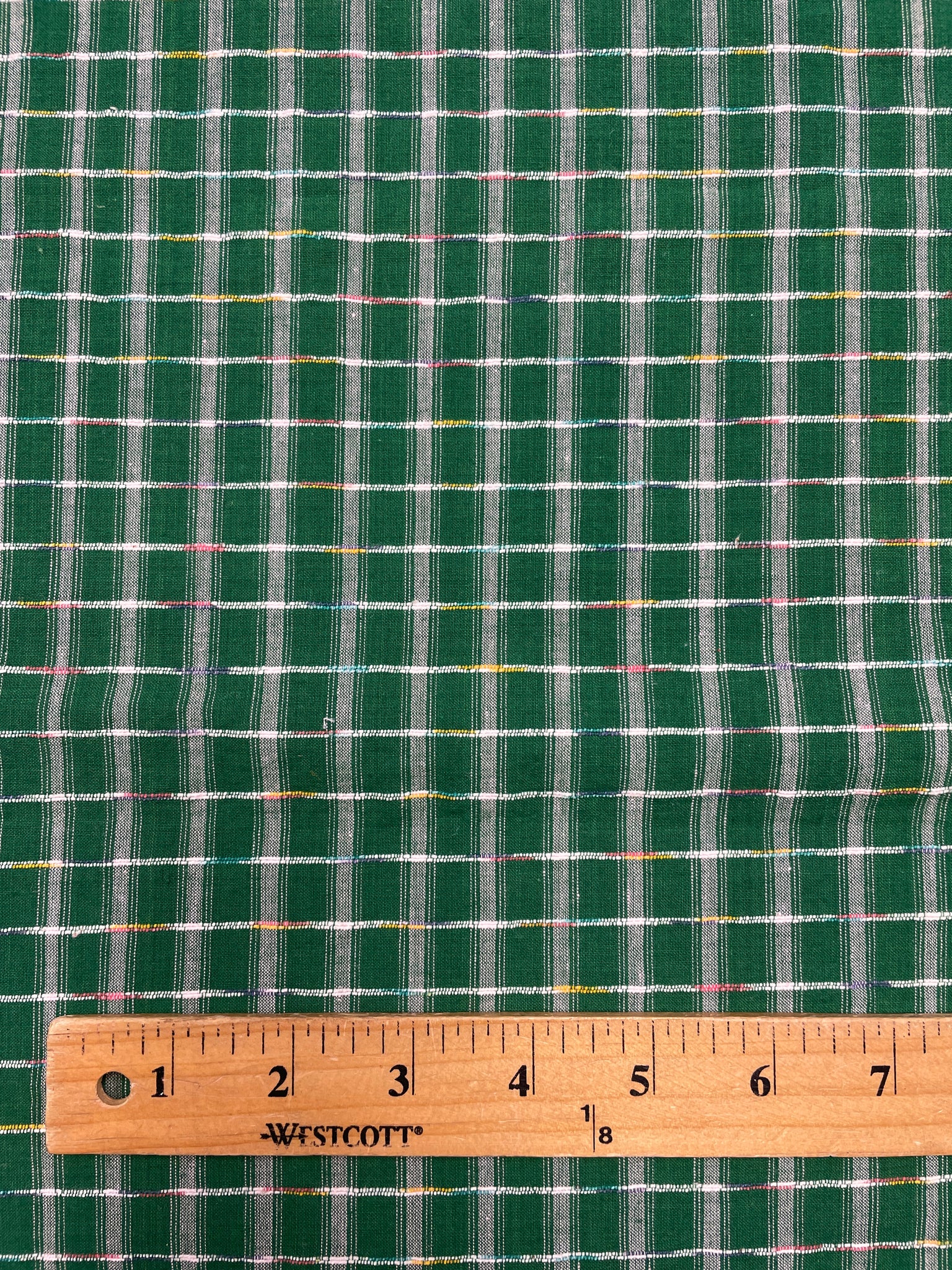 1 YD Cotton Yarn-Dyed Plaid Vintage - Green and White with Variegated Slub Plaid